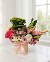 Lily and Carnation Flower Box with Roses and Chrysanthemums