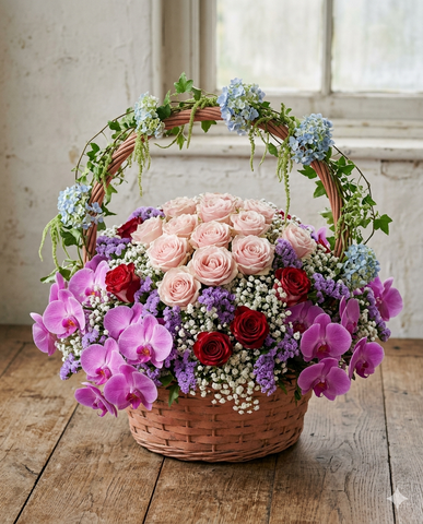 Premium Birthday Flower Basket: Roses & Orchids