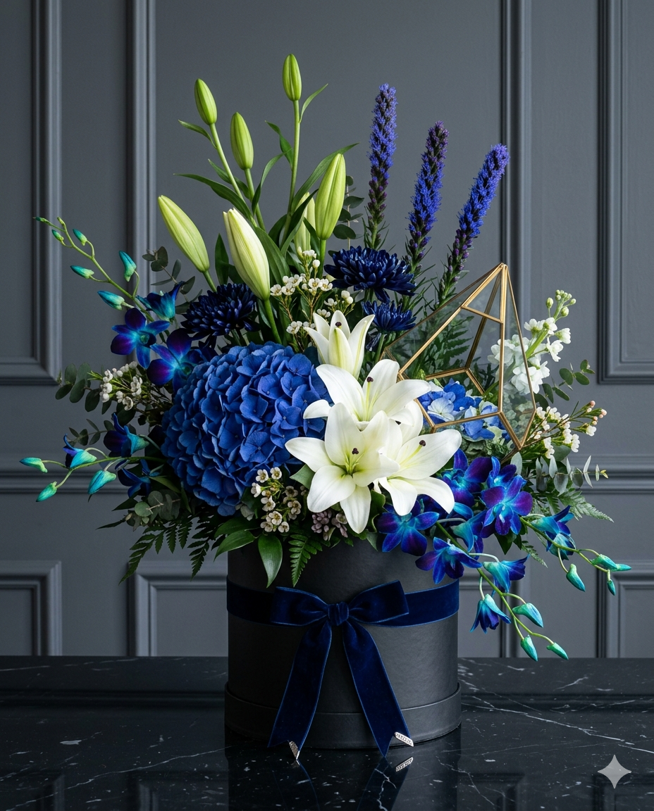 Luxury Blue Hydrangea and White Lily Box