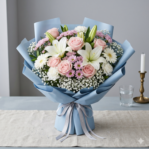 Fresh Pastel Flower Bouquet — Roses, Lilies & Gerberas