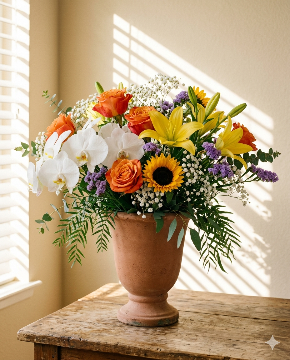 Sunshine Garden Mixed Flower Arrangement in Terracotta Urn