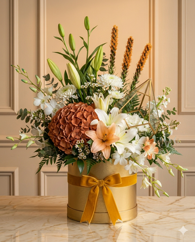 Luxury Golden Hydrangea and White Lily Box
