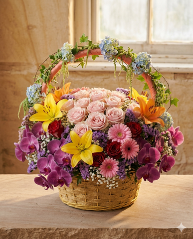 Luxury Anniversary Flower Basket: Roses & Lilies