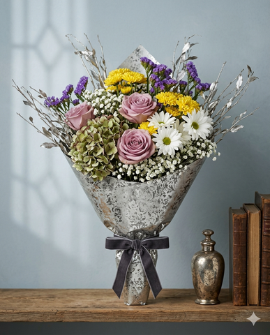 Luxury Silver Anniversary Flower Bouquet with Lavender Roses