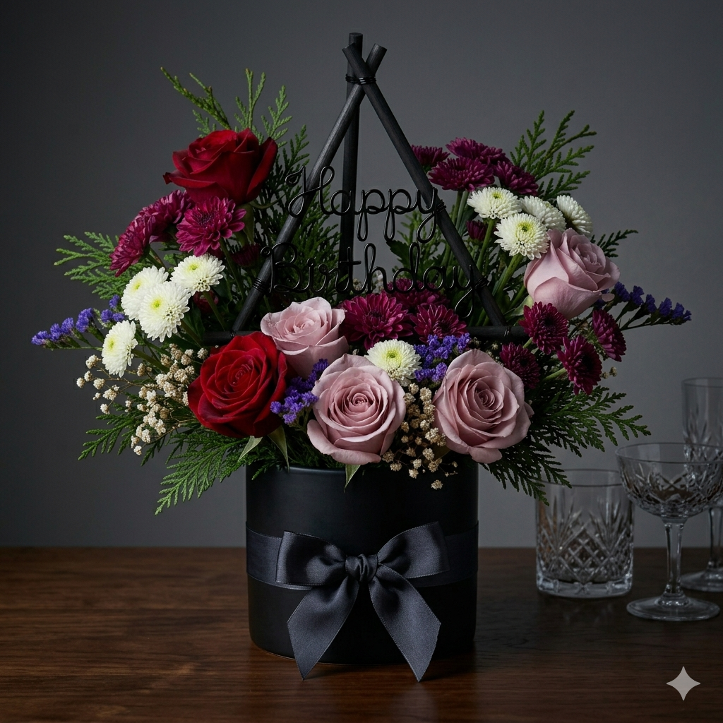 Luxury Dark Birthday Flower Arrangement in Black Box