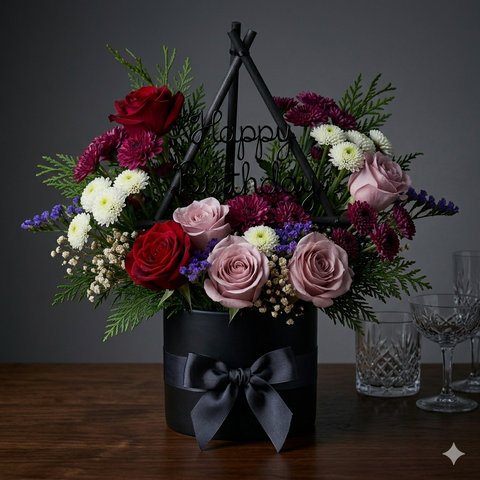 Luxury Dark Birthday Flower Arrangement in Black Box