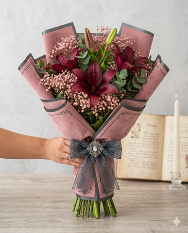 Midnight Maroon Lily Anniversary Bouquet