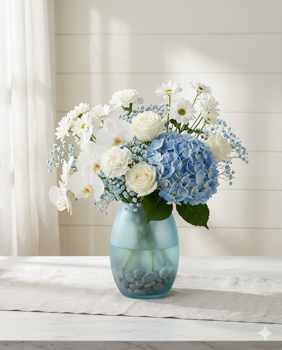 blue hydrangea bouquet, sympathy flowers online, baby shower flowers