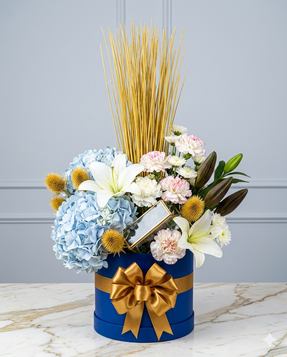 Royal Blue Hydrangea & White Lily Celebration Box
