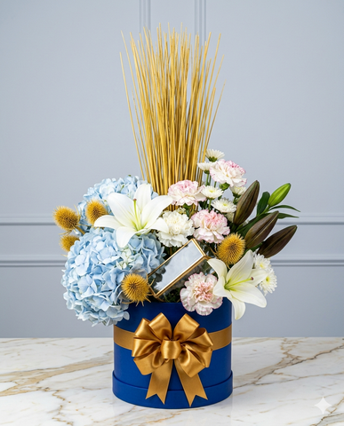 Royal Blue Hydrangea & White Lily Celebration Box