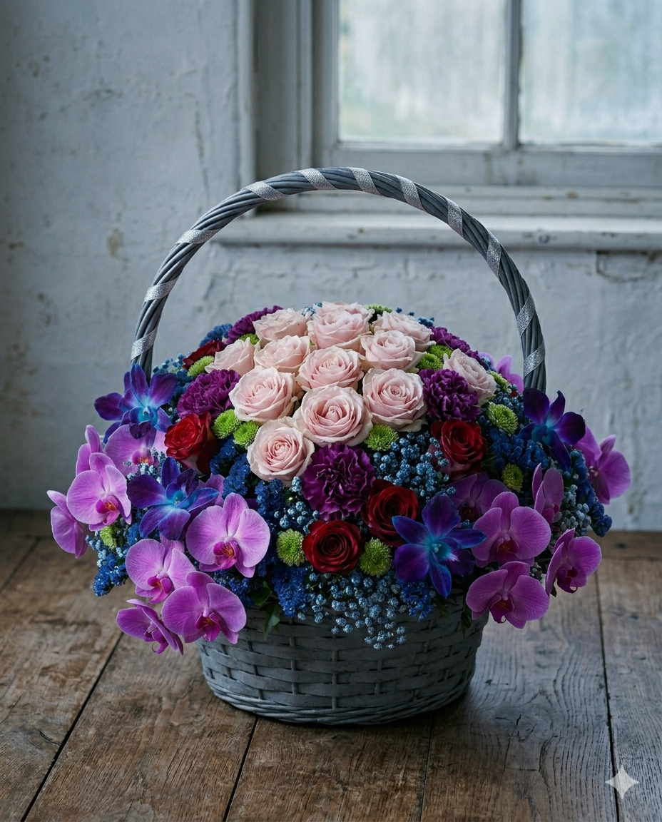 Luxury Orchid and Rose Birthday Basket