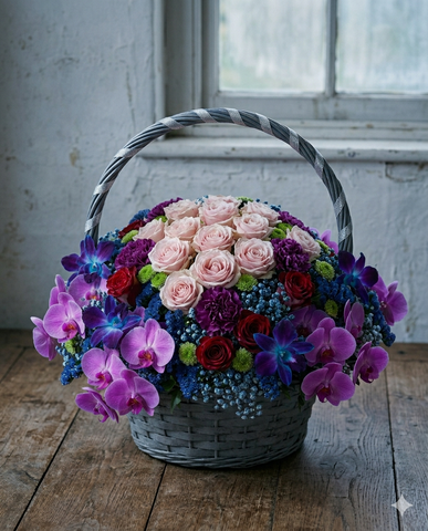 Luxury Orchid and Rose Birthday Basket