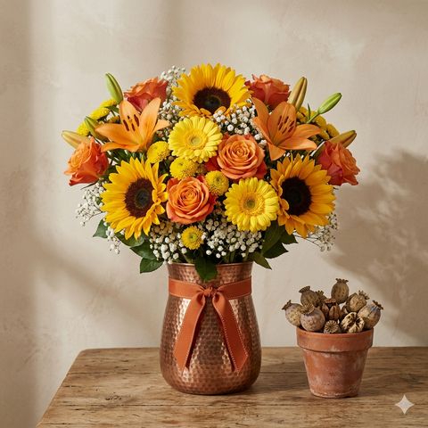 Copper Harvest Sunflower and Rose Vase Bouquet