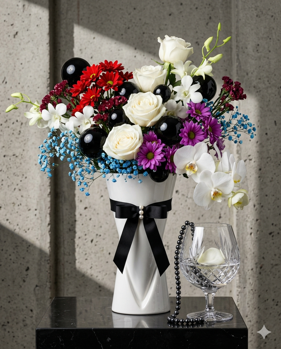 Modern White Rose and Orchid Bouquet in Luxury Vase