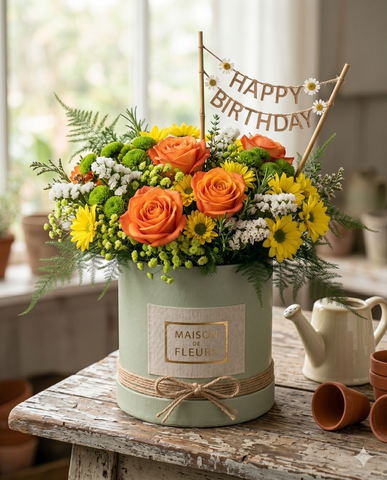 Sunny Birthday Flower Box | Orange Roses & Yellow Daisies