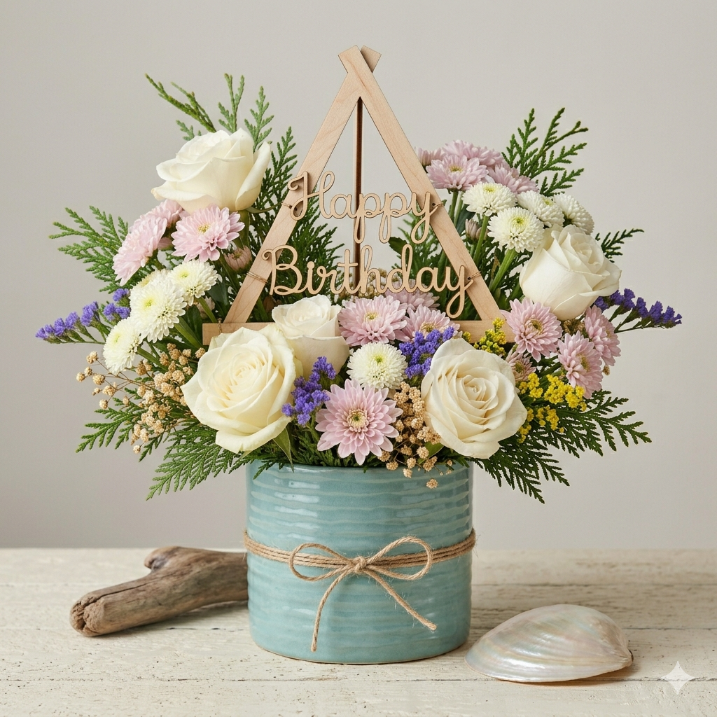Pastel Birthday Flower Arrangement in Ceramic Pot