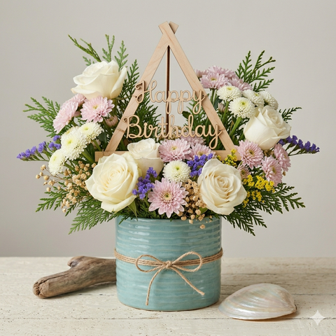 Pastel Birthday Flower Arrangement in Ceramic Pot