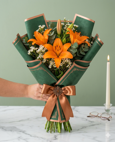 Emerald Orange Lily & Waxflower Bouquet
