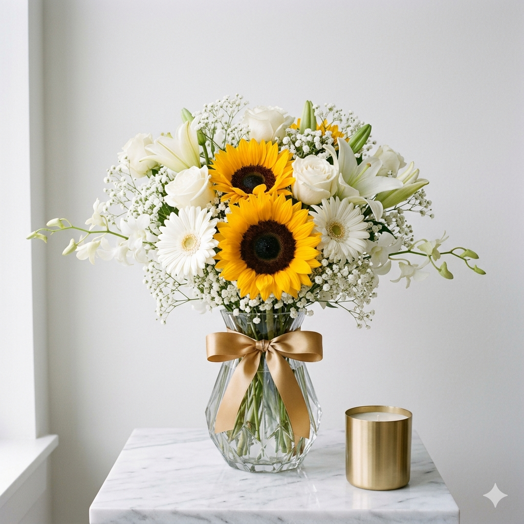 White and Gold Sunflower Crystal Vase Bouquet