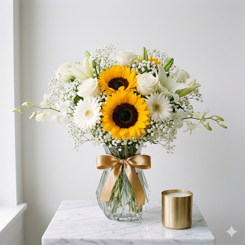 White and Gold Sunflower Crystal Vase Bouquet