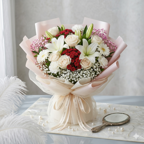 Blush White Rose & Lily Bouquet | Birthday Flowers