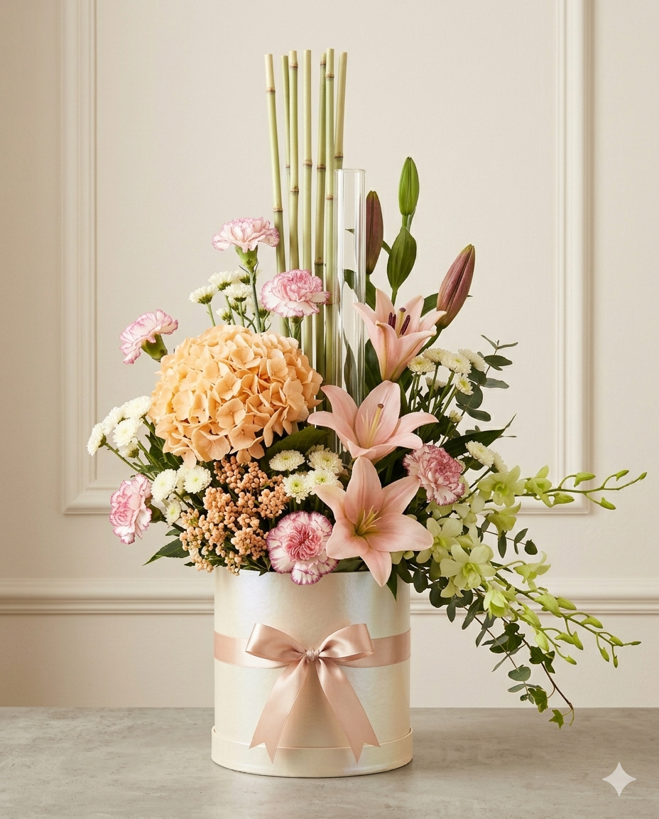 Pastel Peach Hydrangea & Pink Lily Anniversary Gift Box