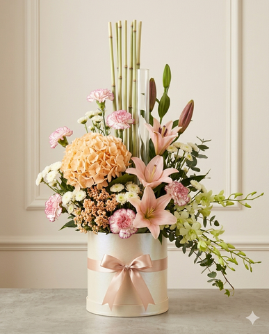 Pastel Peach Hydrangea & Pink Lily Anniversary Gift Box