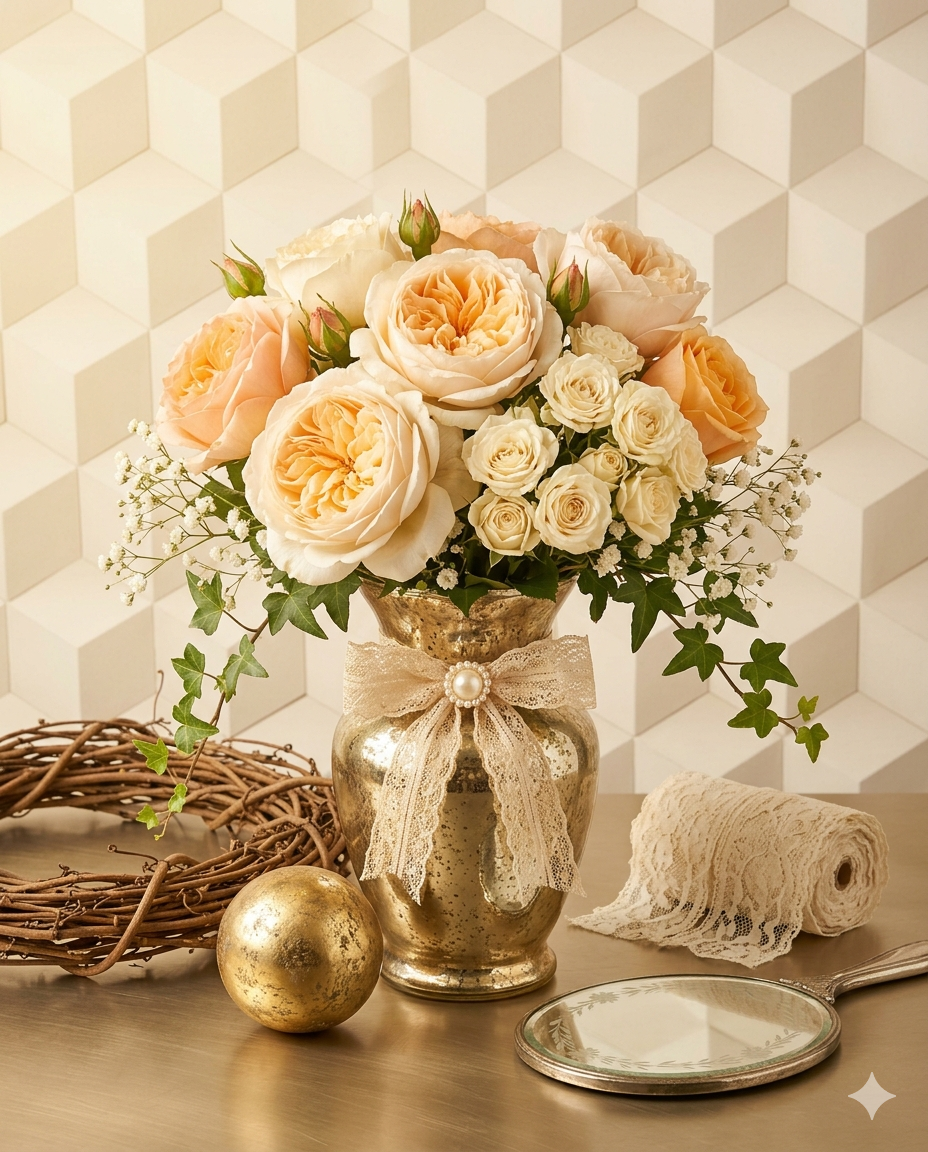 Vintage Gold Vase & Peach Juliet Roses Bouquet