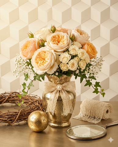 Vintage Gold Vase & Peach Juliet Roses Bouquet
