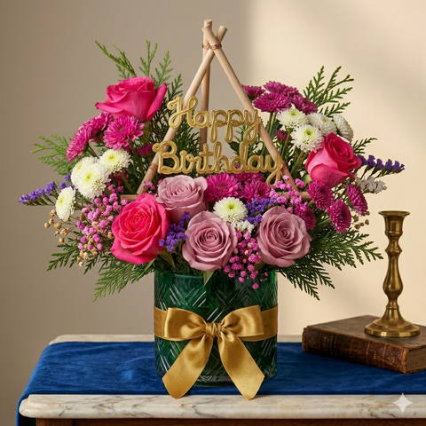 Vibrant Pink Birthday Flower Arrangement with Gold