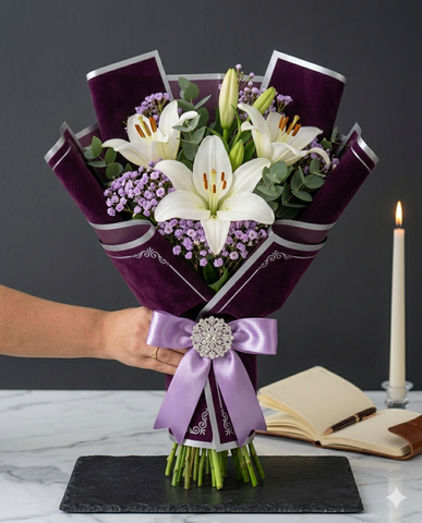 Velvet Plum White Lily Elegant Bouquet