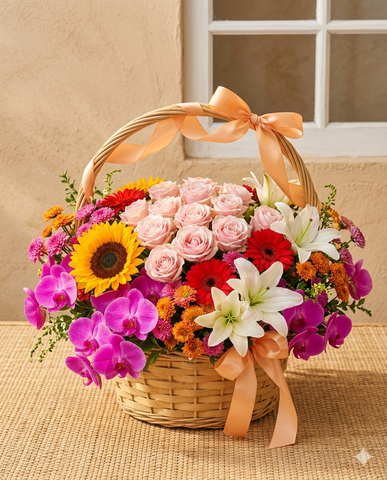 Vibrant Birthday Flower Basket: Roses & Sunflowers