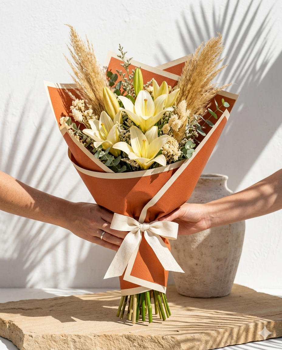 Sunset Cream Lily & Pampas Boho Bouquet