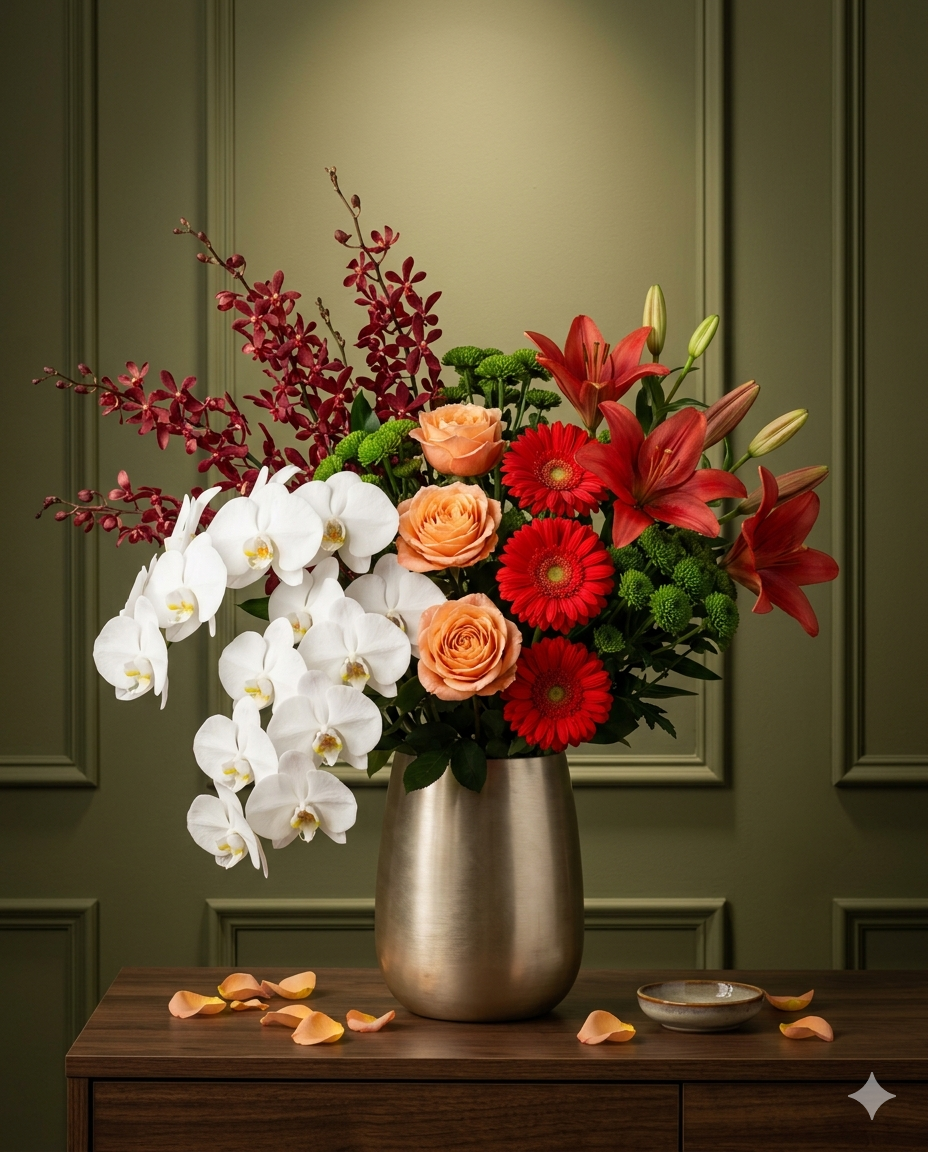 luxury flower arrangement online, red lily bouquet, corporate flowers India