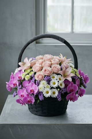 Premium Pink Rose & Orchid Anniversary Basket