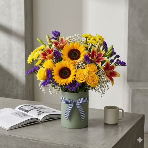 Sage Green Wildflower Sunflower Vase Bouquet
