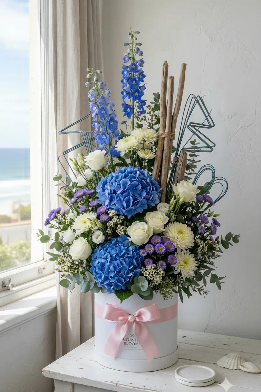 Blue Hydrangea Luxury Birthday Flowers Hat Box