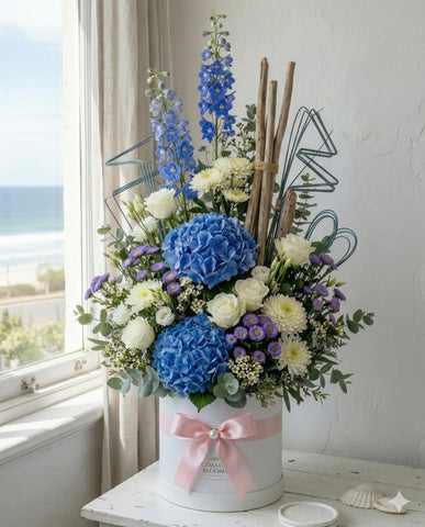 Blue Hydrangea Luxury Birthday Flowers Hat Box