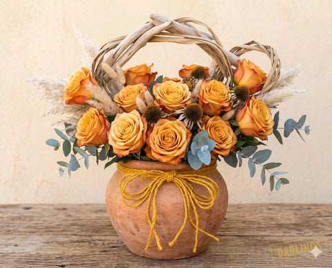 Boho Terracotta Floral Centerpiece with Orange Roses