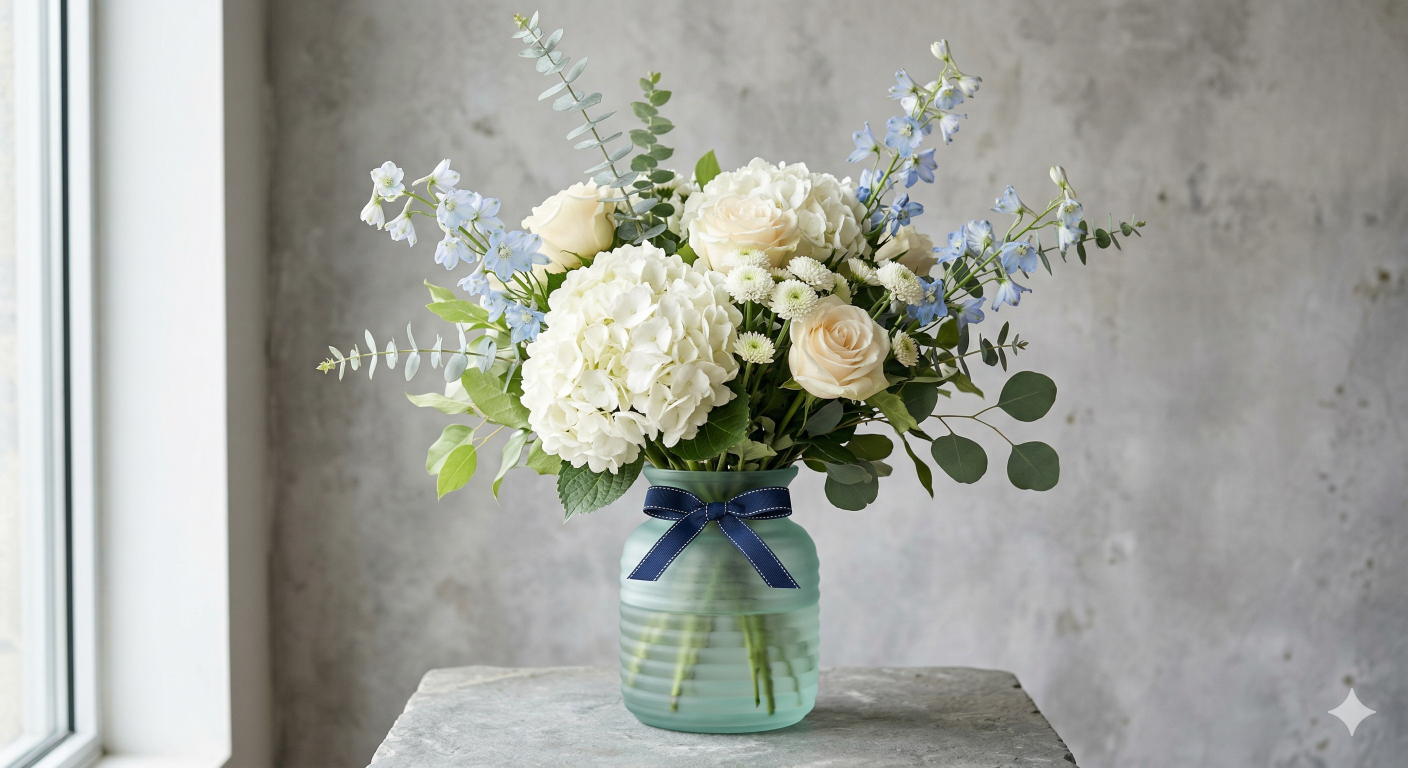 Coastal Breeze White Hydrangea & Blue Delphinium Bouquet