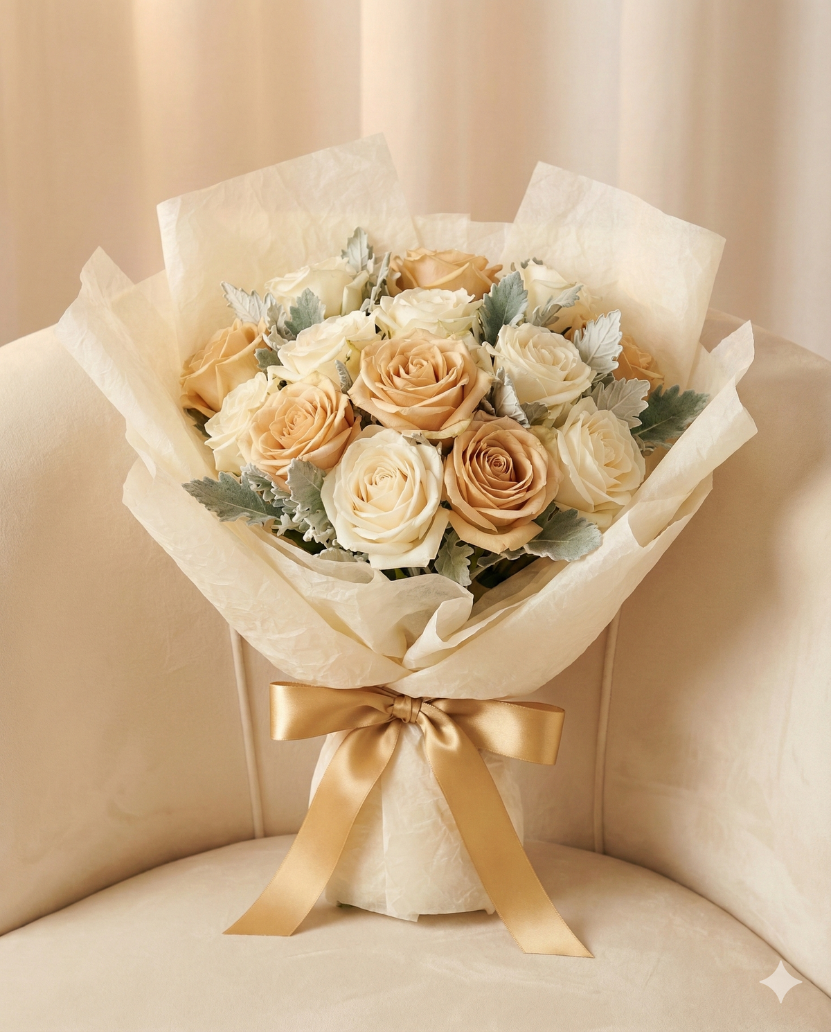 Elegant Champagne Roses & Ivory Bouquet
