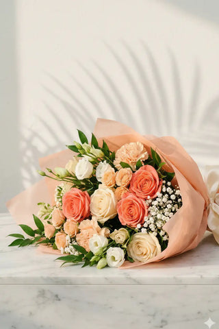 Elegant Coral Rose and Peach Anniversary Bouquet