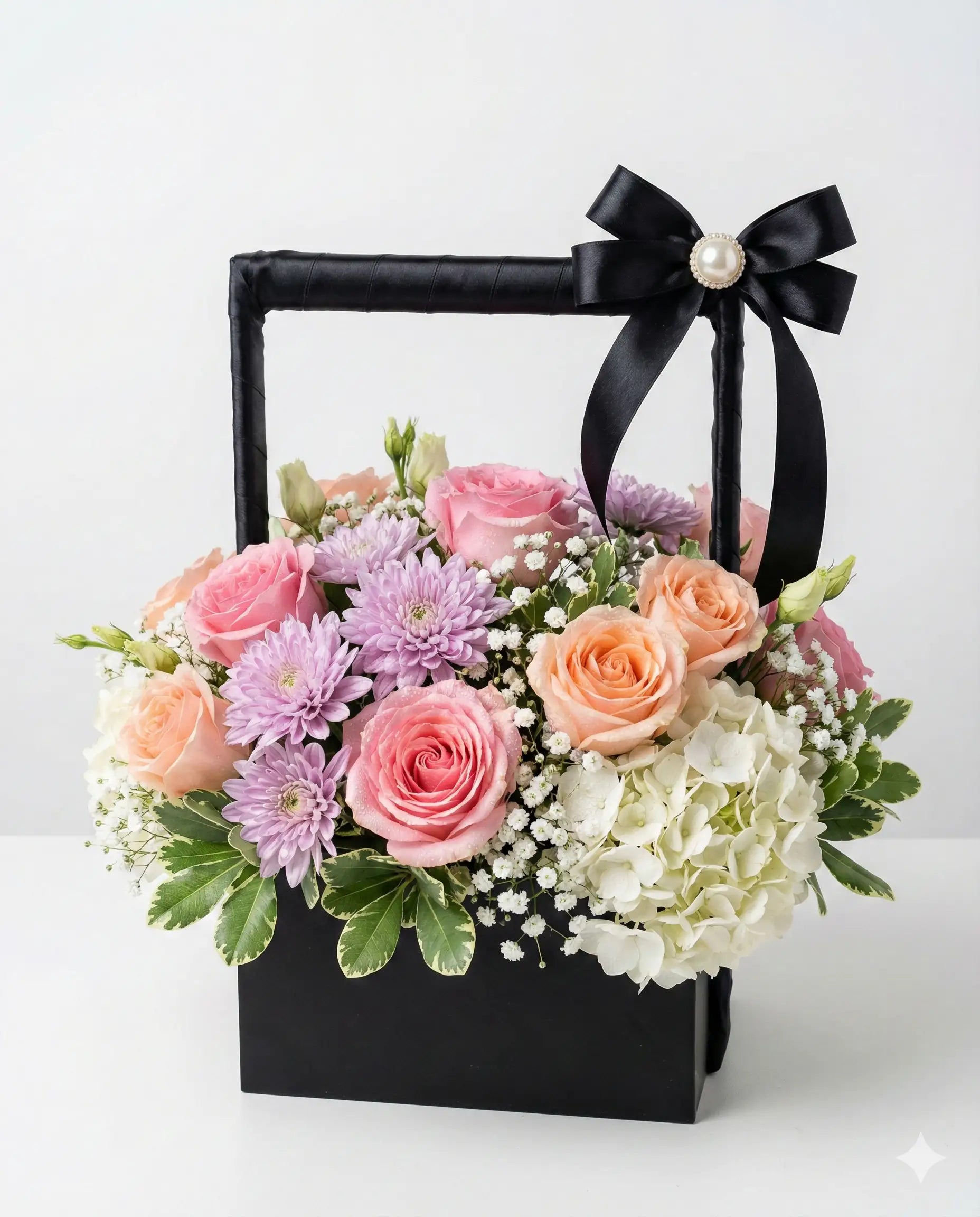 Elegant Mixed Flower Basket with Pink Roses and Mums