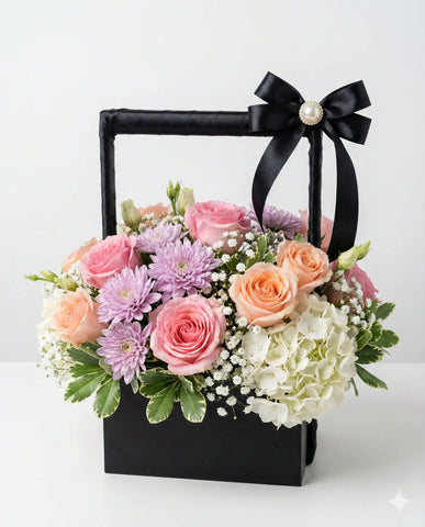 Elegant Mixed Flower Basket with Pink Roses and Mums