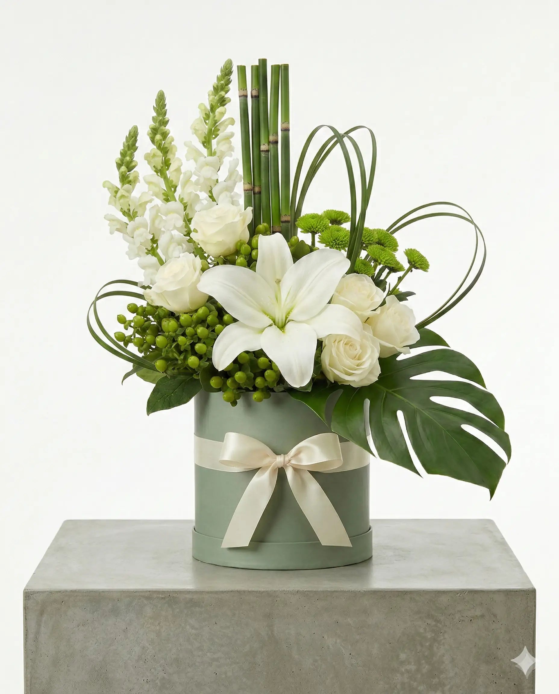 Elegant White Lily & Rose Sage Flower Box