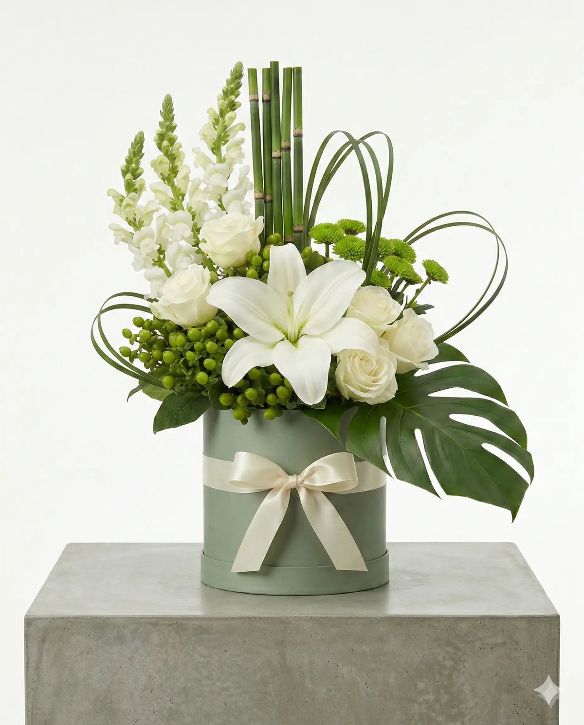 Elegant White Lily & Rose Sage Flower Box