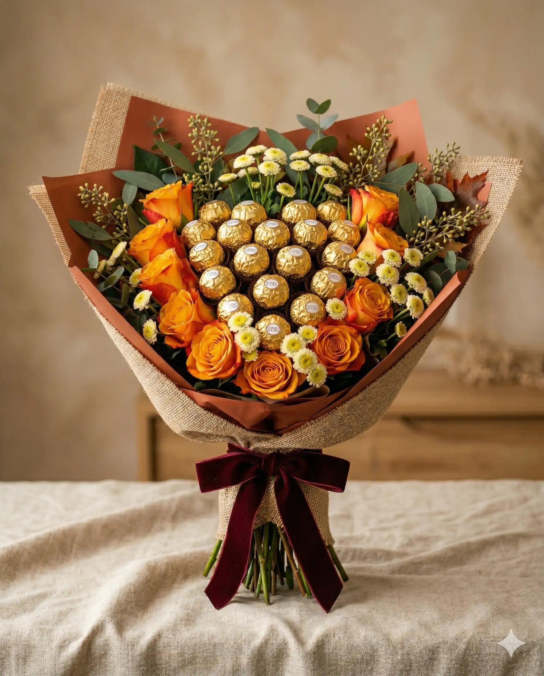 Ferrero Rocher & Orange Rose Bouquet - Birthday Gift