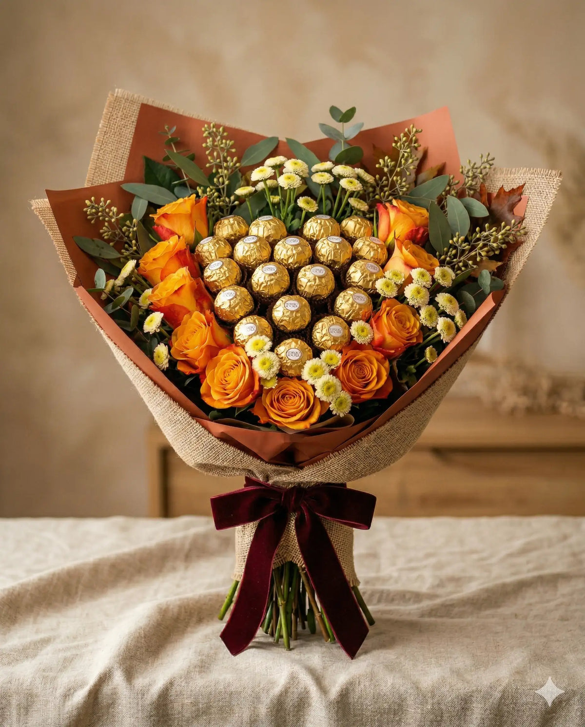 Ferrero Rocher & Orange Rose Bouquet - Birthday Gift