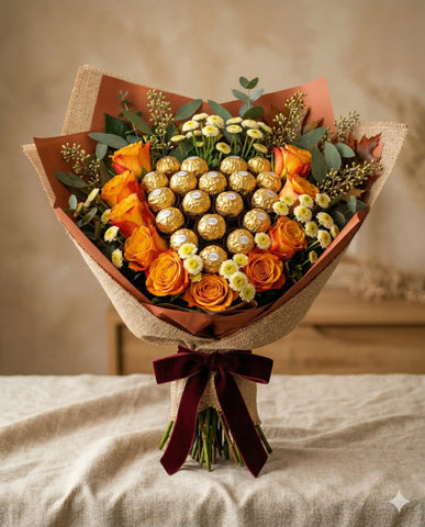 Ferrero Rocher & Orange Rose Bouquet - Birthday Gift