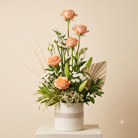 Luxury Peach Roses and White Daisies Ceramic Pot